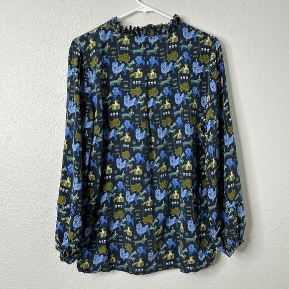 Tyler Boe Halprin Silk Whoof Dog Party Print Button Up Shirt Blue Green Large - Picture 10 of 11